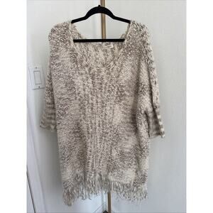 Umgee Cream Mocha Fringe Chunky Fuzzy Cozy‎ Knit Sweater Size M/L
